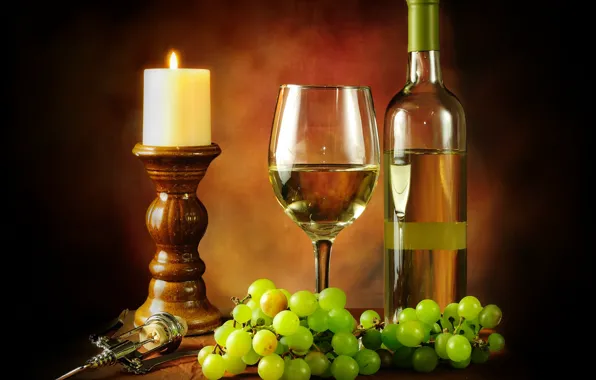 Picture wine, white, glass, bottle, candle, grapes, corkscrew