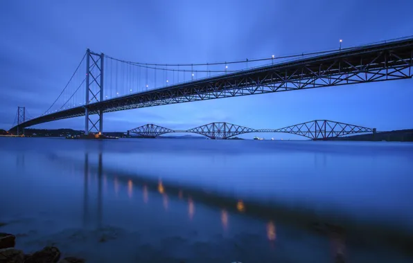 Picture the sky, bridge, river, the evening, Scotland, UK, blue, river, Scotland, Great Britain, Forth Bridge, …