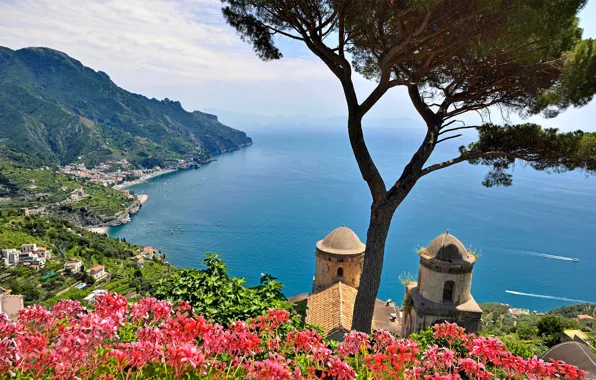 Picture sea, the sky, trees, flowers, mountains, Italy, Salerno, Ravello