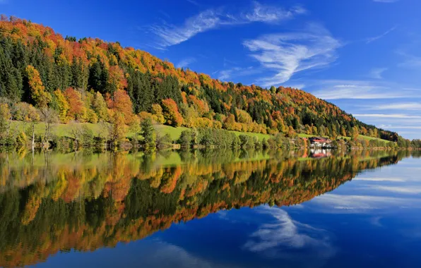 Picture autumn, forest, the sky, leaves, clouds, trees, lake, reflection, Germany, Bayern, blue, colorful