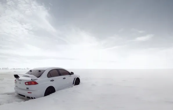 Picture snow, the snow, cars, auto, evolution, mitsubishi lancer