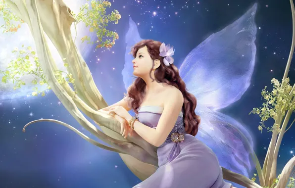 Picture flower, girl, decoration, night, tree, the moon, wings, branch, fairy, art, Hyung Jun Kim, K.jun …