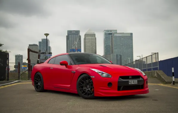 Picture the sky, red, the city, building, nissan, red, front view, Nissan, gtr, gtr, r35