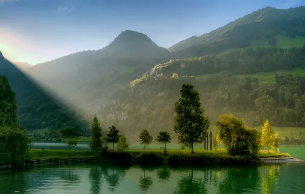 Picture greens, the sky, the sun, rays, light, trees, landscape, river, sunrise, hills, blue, Mountains, cloudless