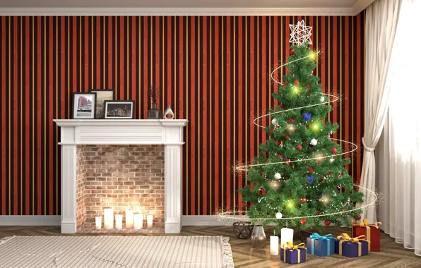 Picture Design, New Year, Tree, Fireplace, Interior, Gifts, Garland