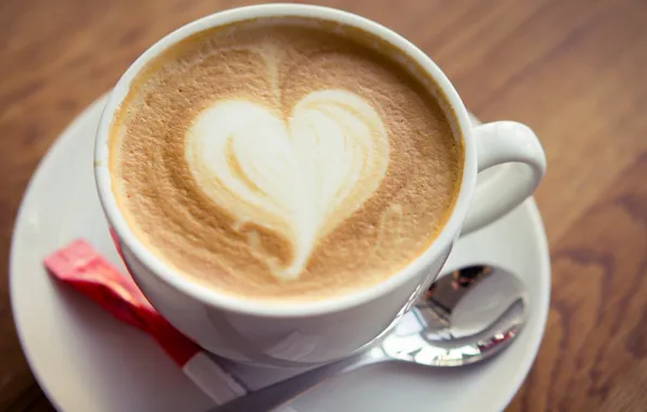 Picture foam, heart, coffee, spoon, Cup, sugar, cappuccino