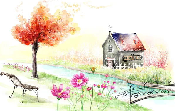 Picture landscape, flowers, bench, bridge, house, river, tree, figure