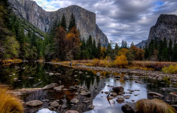 Picture autumn, the sky, trees, mountains, river, stones, rocks, USA, the bushes, Yosemite National Park, Sierra …