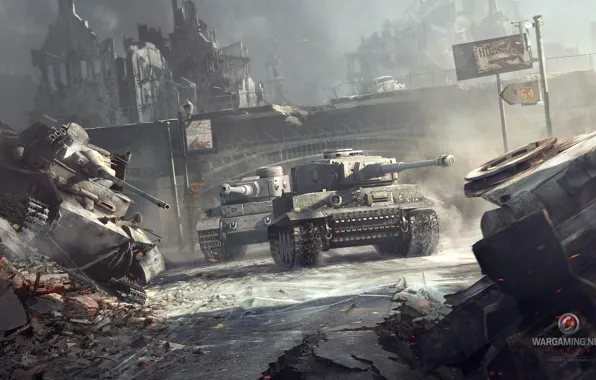Picture the city, war, smoke, Tiger, Tiger, tanks, World of tanks, WoT, world of tanks, heavy …