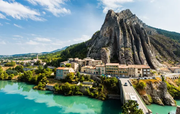 Picture rock, river, France, mountain, home, Sisteron