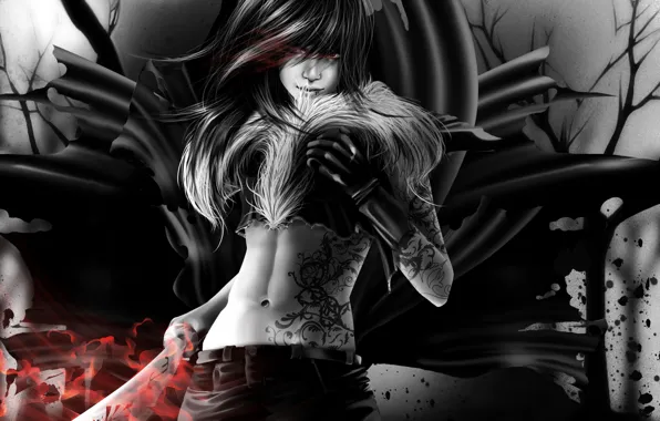 Picture girl, pattern, sword, piercing, tattoo, art, gloves, vampire, black and white, fur, tattoo, vampire
