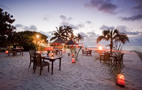 Picture palm trees, mood, the ocean, stay, coast, the evening, candles, relax, restaurant, Bungalow