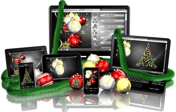 Picture reflection, holiday, balls, new year, white background, laptop, monitor, tinsel, tablet, screen, smartphone, Christmas