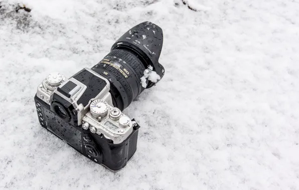 Picture winter, snow, background, the camera, lens, Nikon 1 AW1