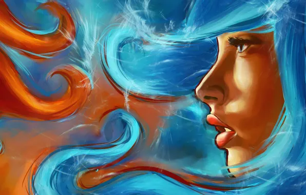 Picture look, water, girl, face, fire, elements, art, lips, profile, painting