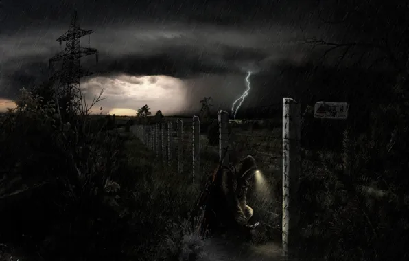 Picture the storm, night, rain, soldiers, Chernobyl, stalker, area