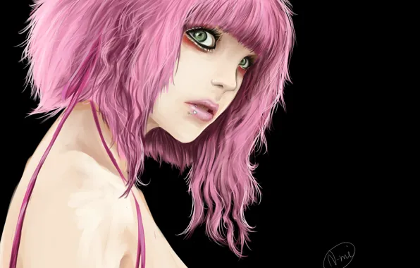 Picture girl, the dark background, piercing, art, pink hair