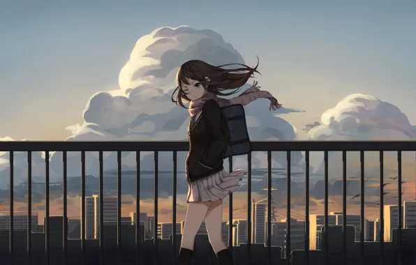 Picture the sky, girl, clouds, the city, home, anime, art, form, schoolgirl, idolmaster, levi9452, shibuya rin