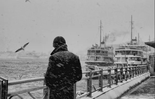 Picture sadness, sea, snow, reverie, memories, loneliness, thoughts, the fence, seagulls, black and white, ships, port, …
