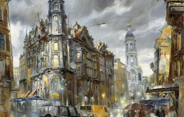 Picture machine, the city, lights, rain, transport, street, figure, picture, the evening, lights, watercolor, Saint Petersburg, …
