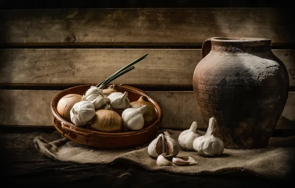 Picture bow, bowl, pitcher, still life, garlic