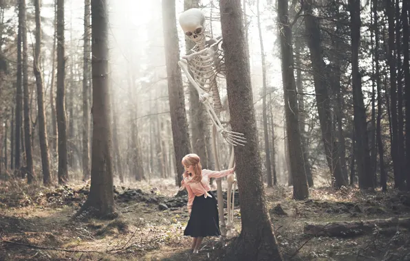 Picture forest, girl, skull, skeleton, Victoria Cadisch