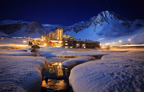 Picture winter, snow, mountains, night, river, resort, cottages