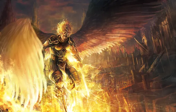 Picture the sky, clouds, the city, weapons, home, wings, angel, sword, art, armor, guy, takakyo