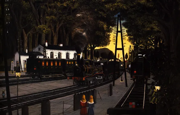 Picture trees, people, smoke, figure, rails, station, picture, station, art, lights, locomotives, Paul Delvaux