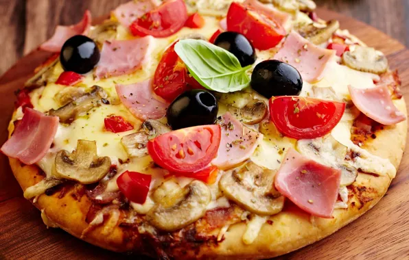 Picture mushrooms, cheese, pizza, tomatoes, olives, mushrooms, ham