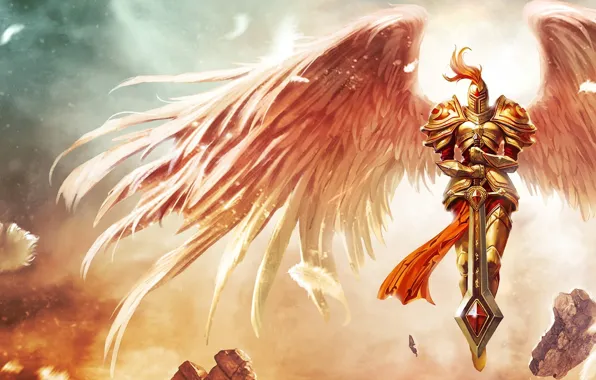 Picture stones, wings, sword, feathers, armor, League of Legends, Kayle