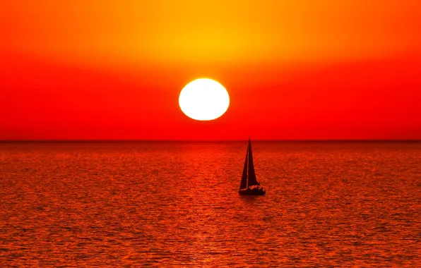 Picture sea, the sky, the sun, sunset, boat, sail