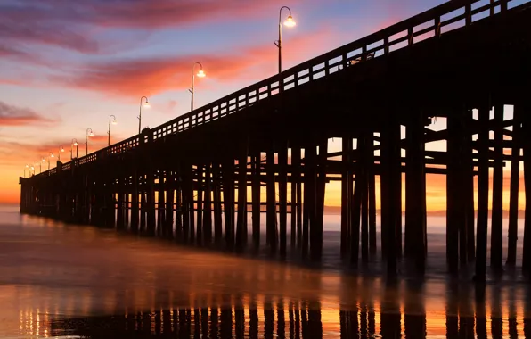 Picture beach, the sky, clouds, light, sunset, the ocean, shore, the evening, lights, CA, pierce, USA