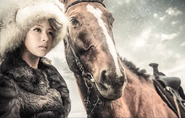Picture winter, girl, snow, horse, hat, horse, coat, fur