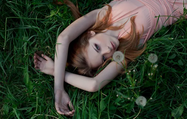 Picture grass, look, girl, nature, pose, sweetheart, dress, blonde, lies, girl, grass, beautiful, dandelions, dress, nature, …