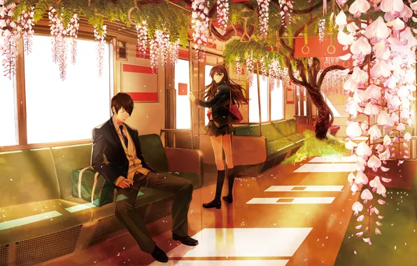 Picture girl, trees, flowers, metro, petals, headphones, pair, Anime, guy, bag, school uniform