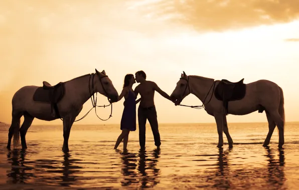 Picture sea, girl, sunset, photo, horse, pair, love, guy, white, relationship, romantic, Photo, sentiment, feeling