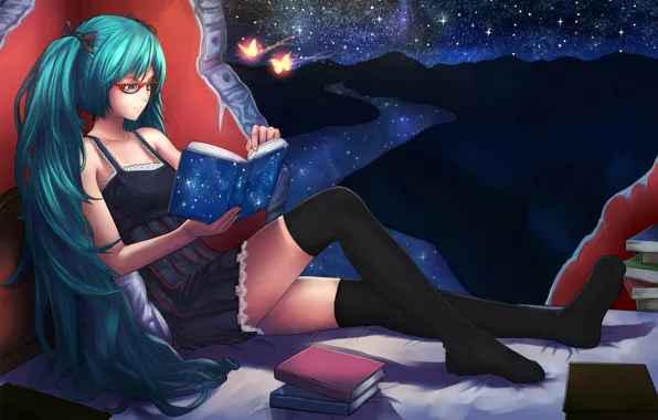Picture girl, stars, butterfly, night, river, fantasy, wall, art, angle, bed, vocaloid, hatsune miku, Vocaloid, sitting, …