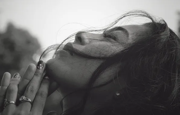 Picture girl, face, hair, black and white, ring, hands, profile, manicure, closed eyes