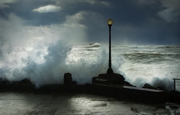 Picture sea, wave, squirt, storm, lantern, promenade