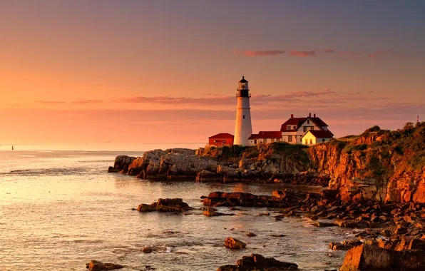 Picture sea, sunset, house, lighthouse, glow, Cape