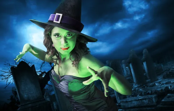 Picture girl, holiday, cemetery, witch, Halloween