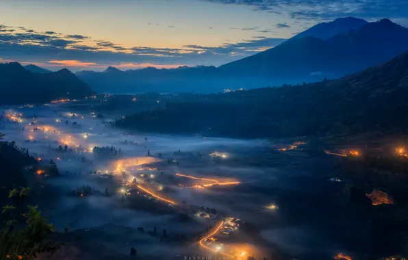 Picture mountains, lights, fog, the evening, morning, valley, Bali