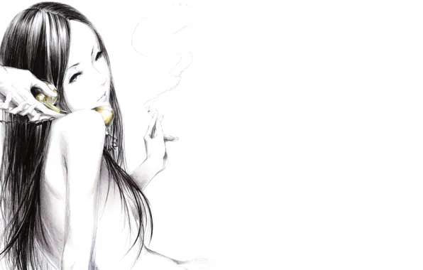 Picture girl, smoke, Figure, hands, cigarette, handset, art, Sawasawa