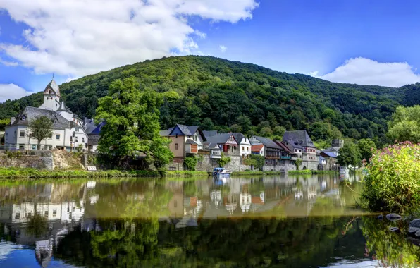 Picture water, trees, reflection, river, shore, mountain, home, Germany, boats, Causenow