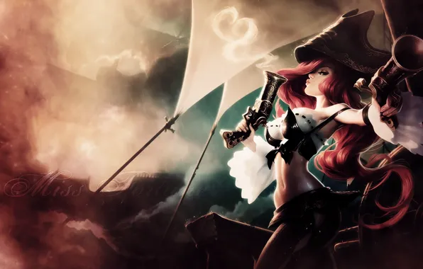 Picture girl, weapons, art, sails, revolvers, League Of Legends, Miss Fortune