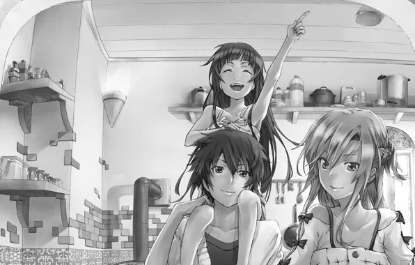 Picture girl, love, happiness, smile, black and white, anime, family, kitchen, girl, banks, guy, Sword Art …