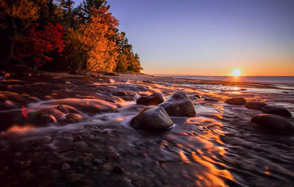 Picture sea, autumn, the sky, the sun, trees, sunset, lake, stones, shore, USA, Michigan