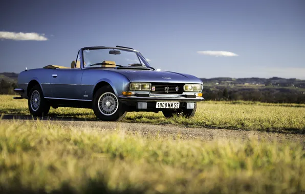 Picture road, grass, clouds, hills, convertible, blue sky, Peugeot 504
