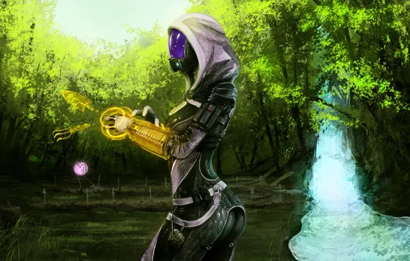 Picture waterfall, Mass Effect, the garden, Tali, drone, instrumental